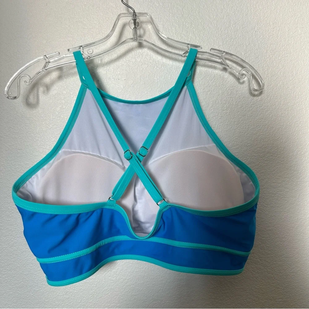 HannaBanna Blue Modest Bikini Top with Crisscross Back and Contrasting Trim